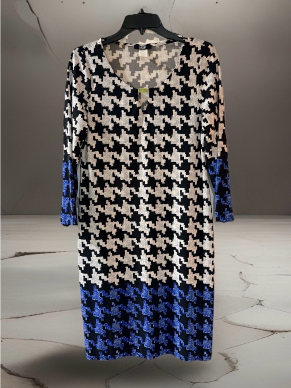 MSK Women’s Black, White,& Blue Houndstooth Midi Dress-M-EUC